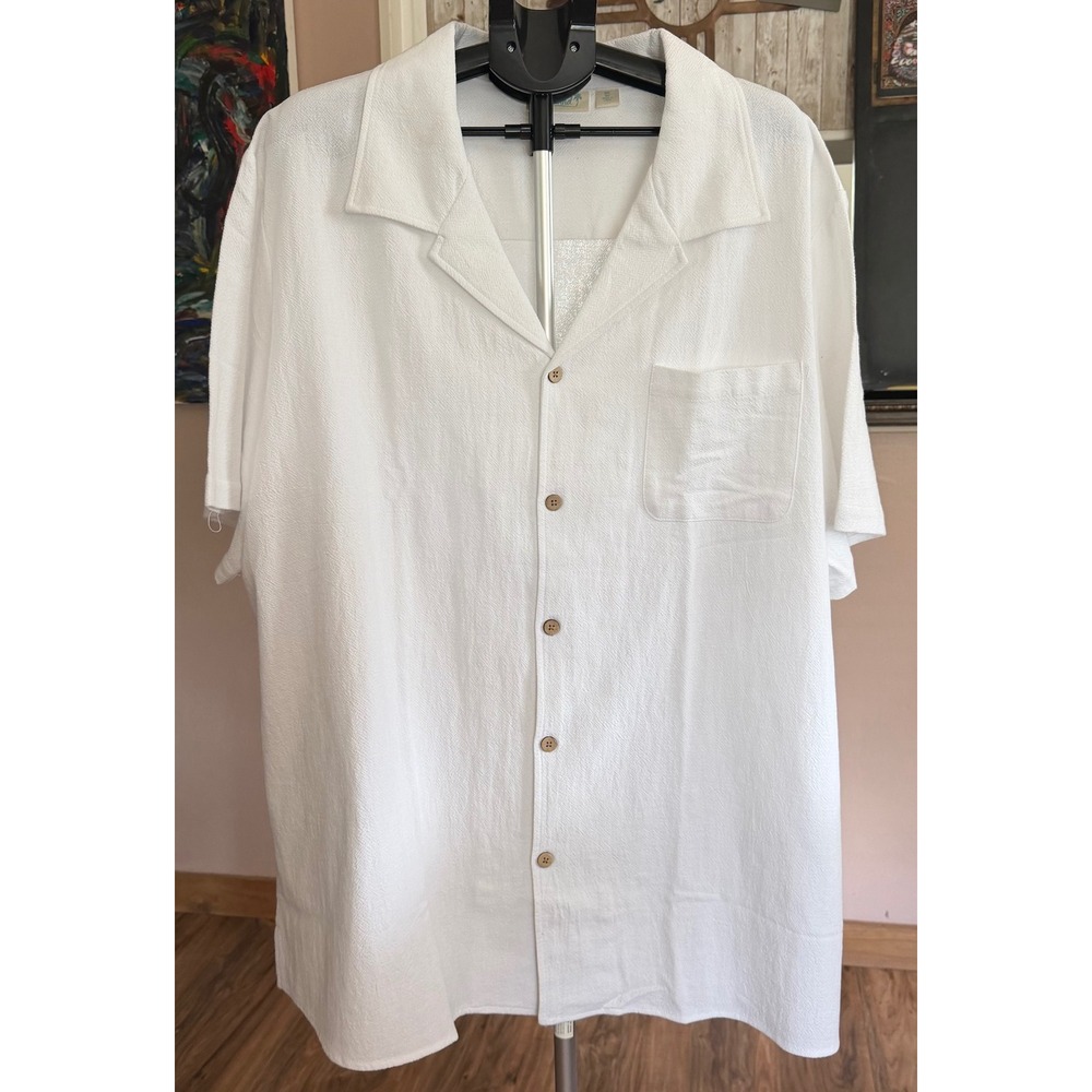 KS Island Mens 3XL Big White Textured Short Sleeve Camp Collar Button Down Shirt